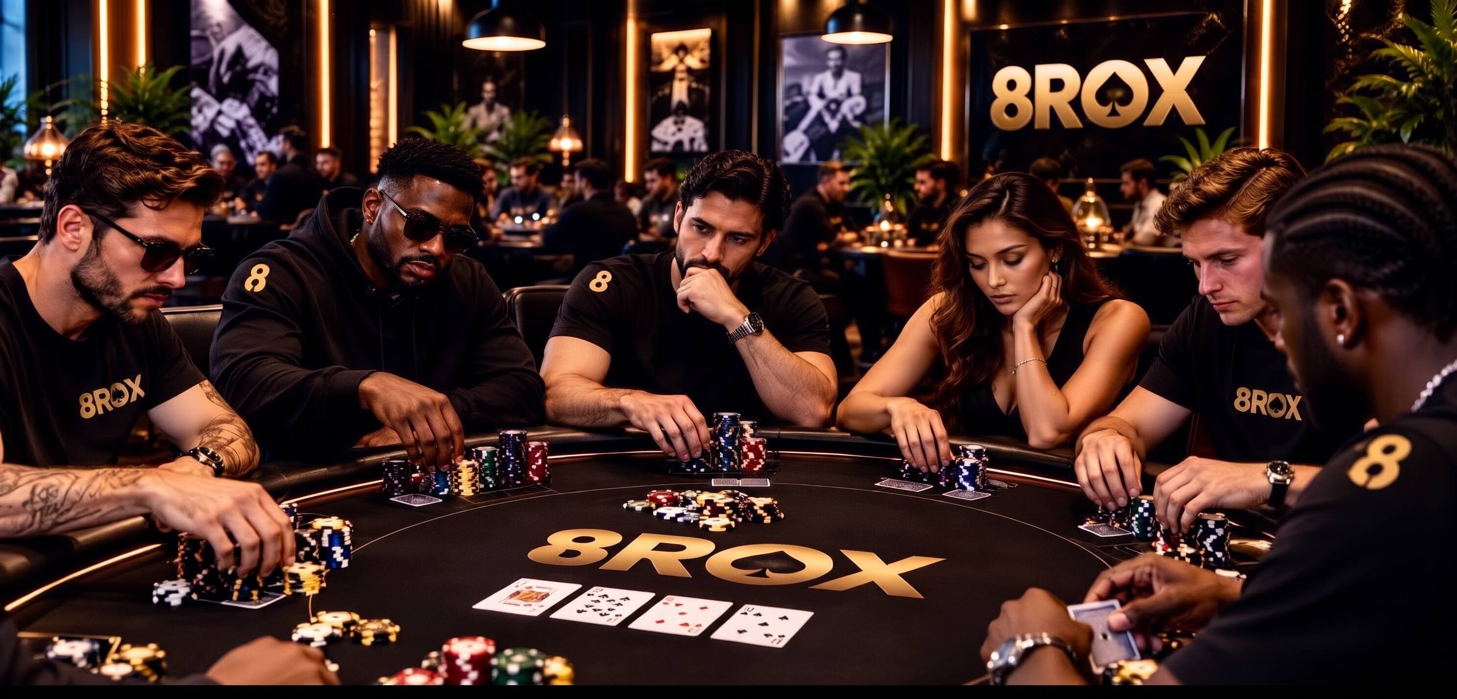 Players around an 8ROX poker table, chips and cards in play