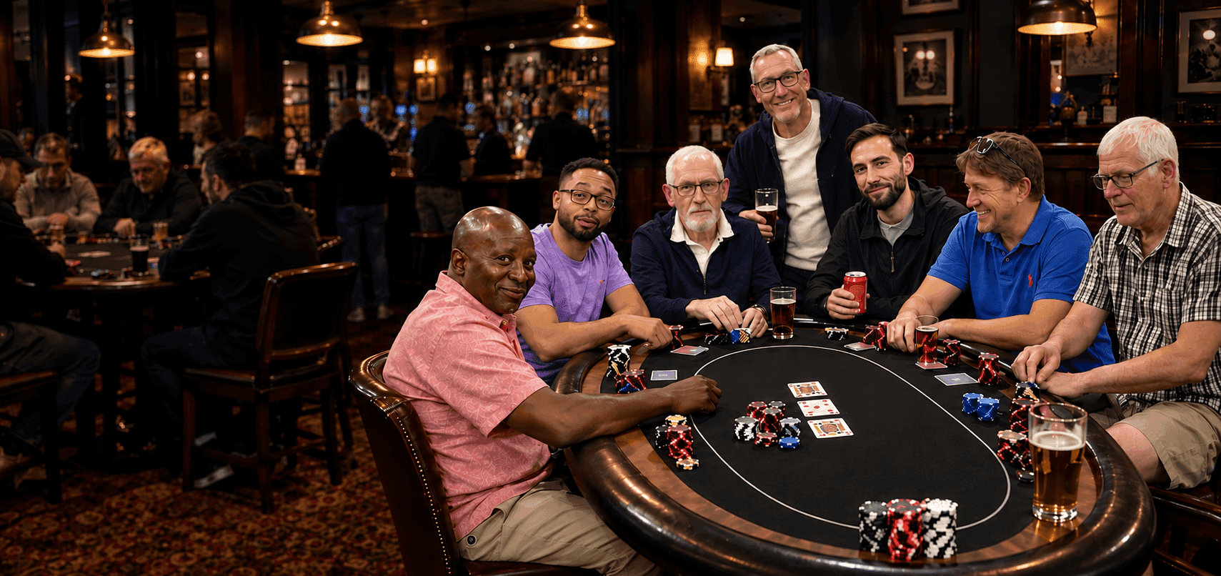 Seven players gathered around a poker table in a busy pub, chips and cards in play